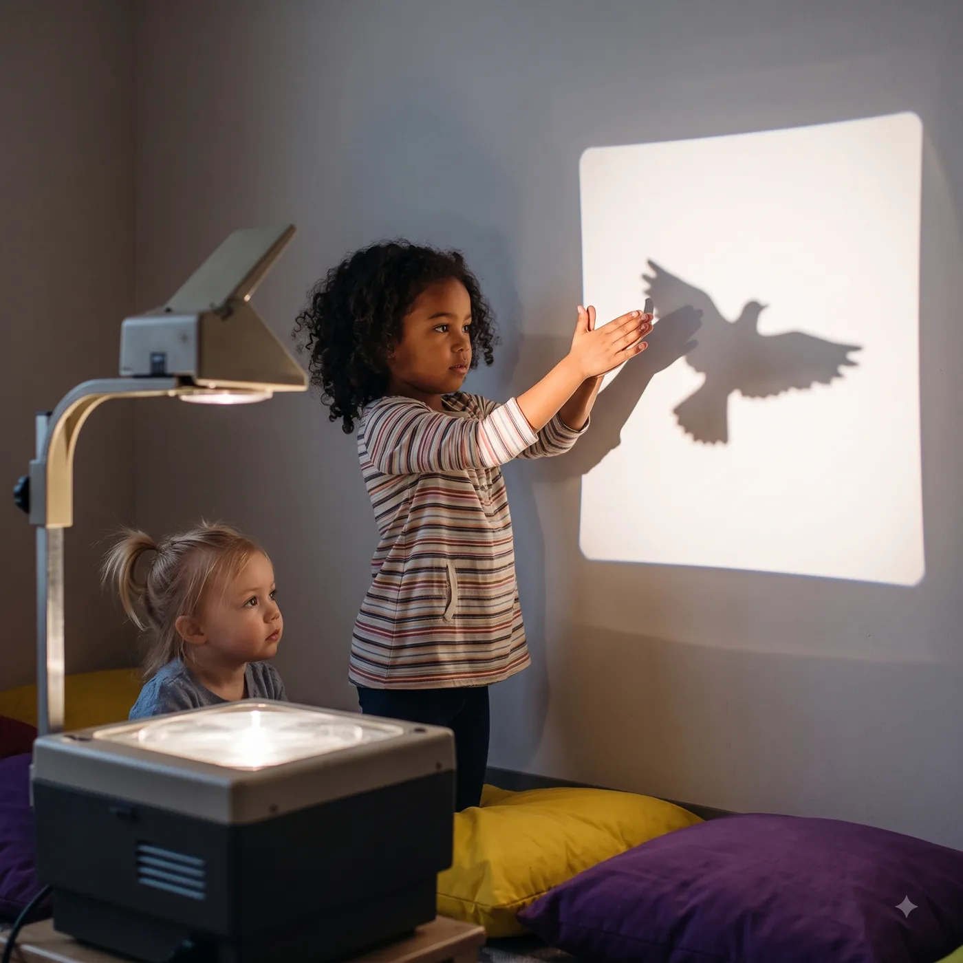 A child making shadow shapes on a wall with an overhead projector
