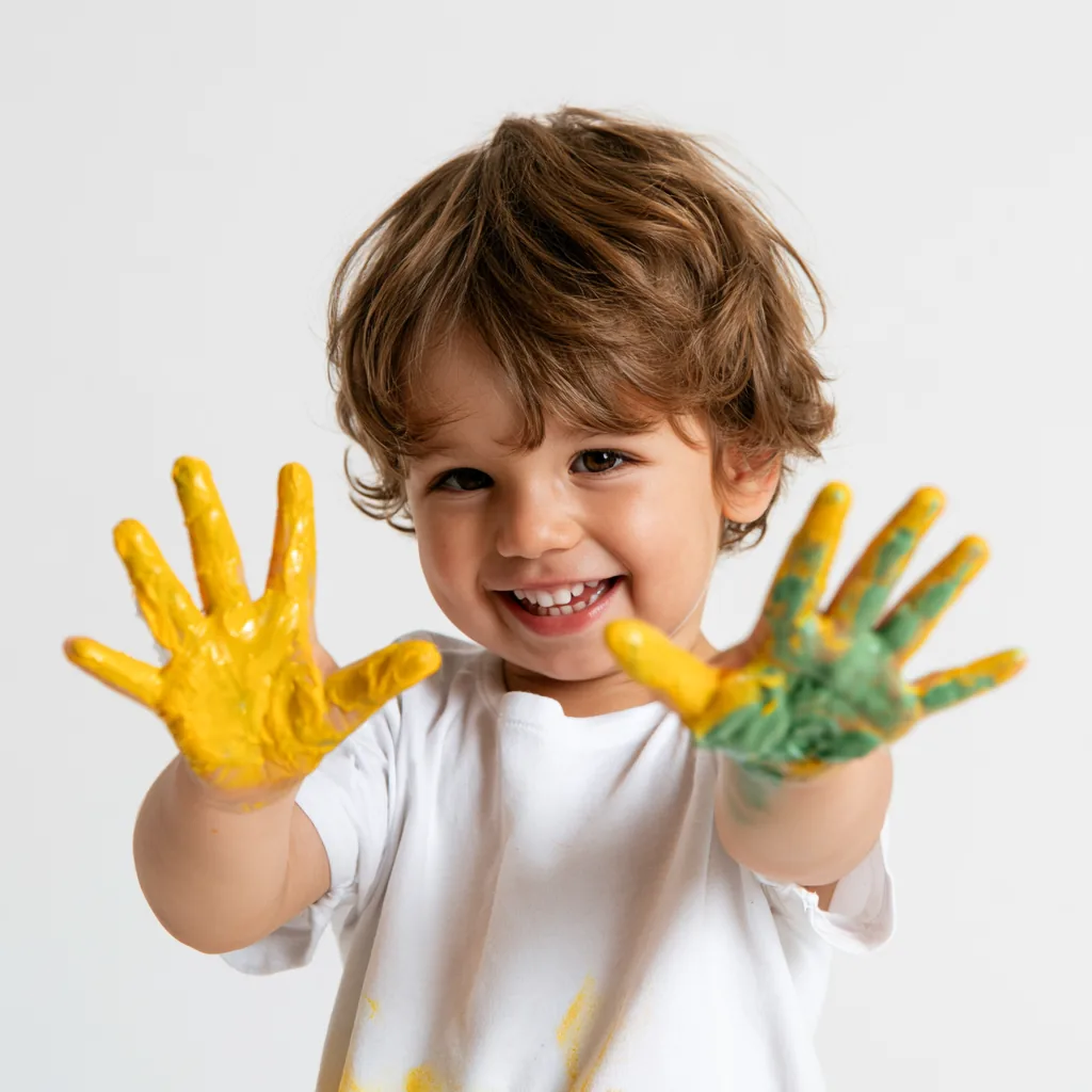 A child showing off hands covered in yellow paint