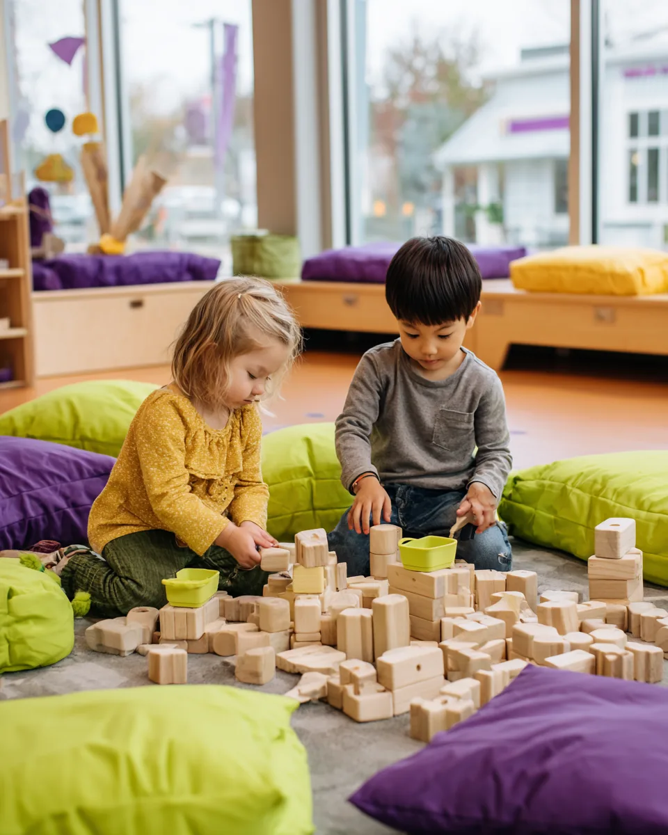 Two children building with wooden blocks