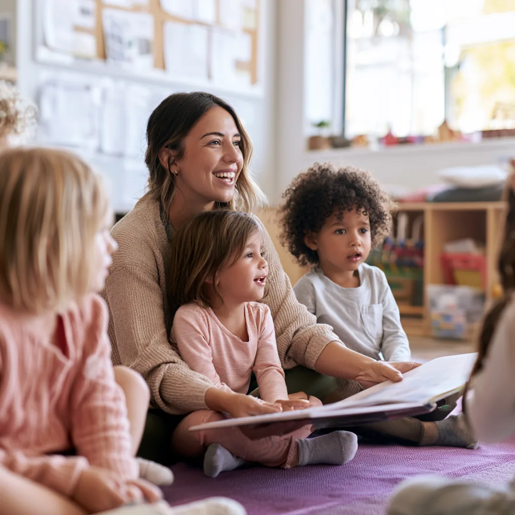 An educator reading aloud to a group of seated children