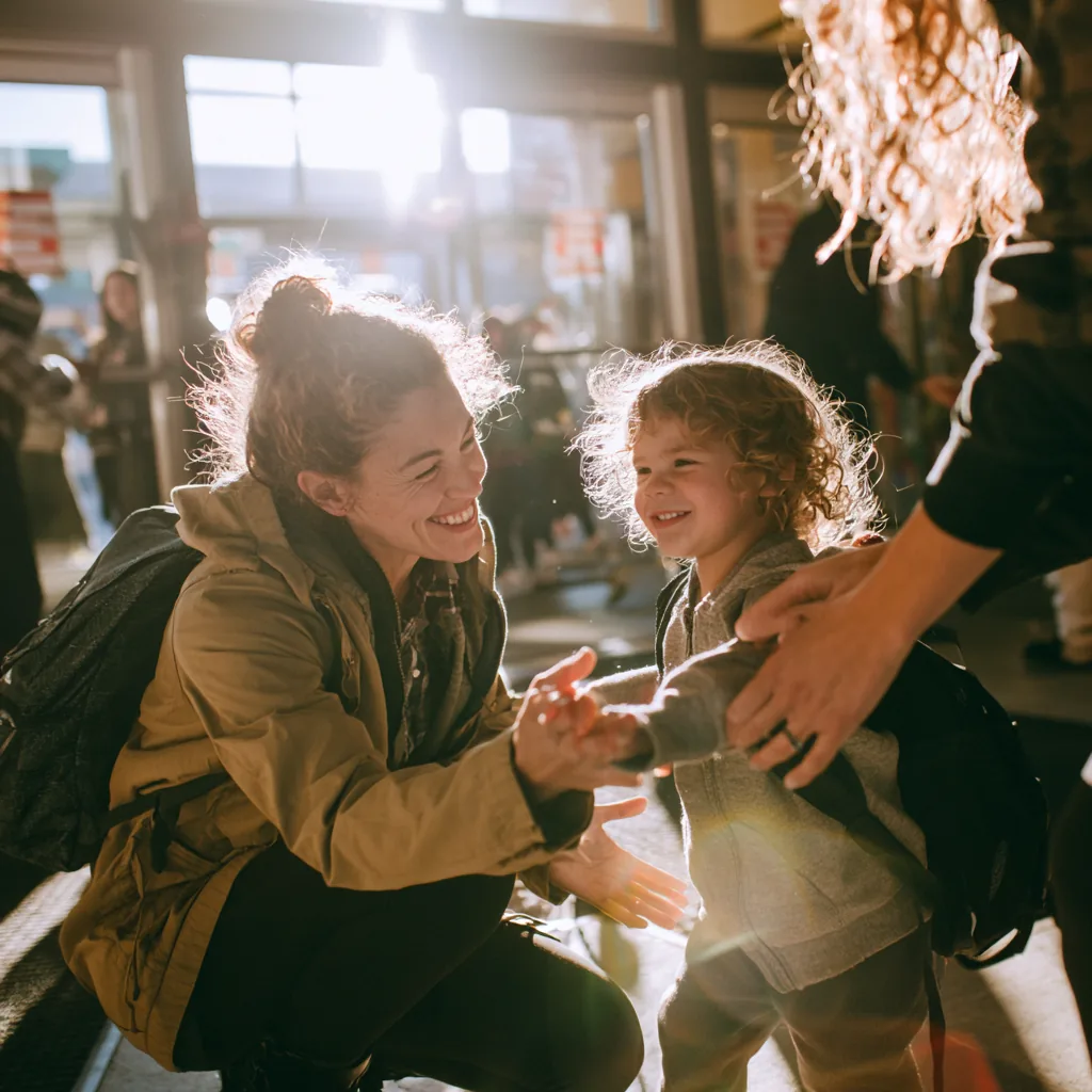An educator greeting a child warmly at the door