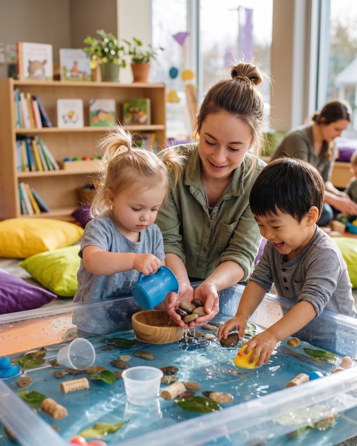 An educator and two toddlers exploring a water and sensory table together