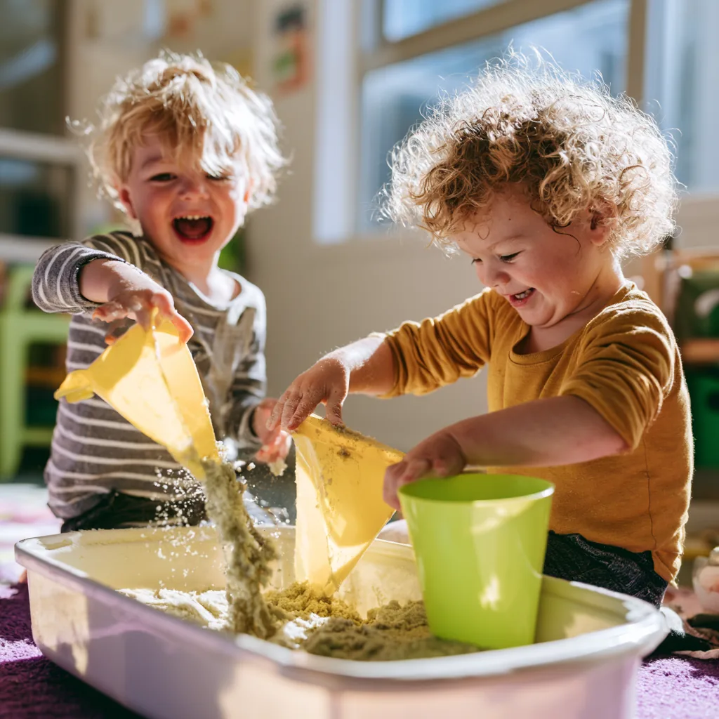 Two children pouring sand into a container together