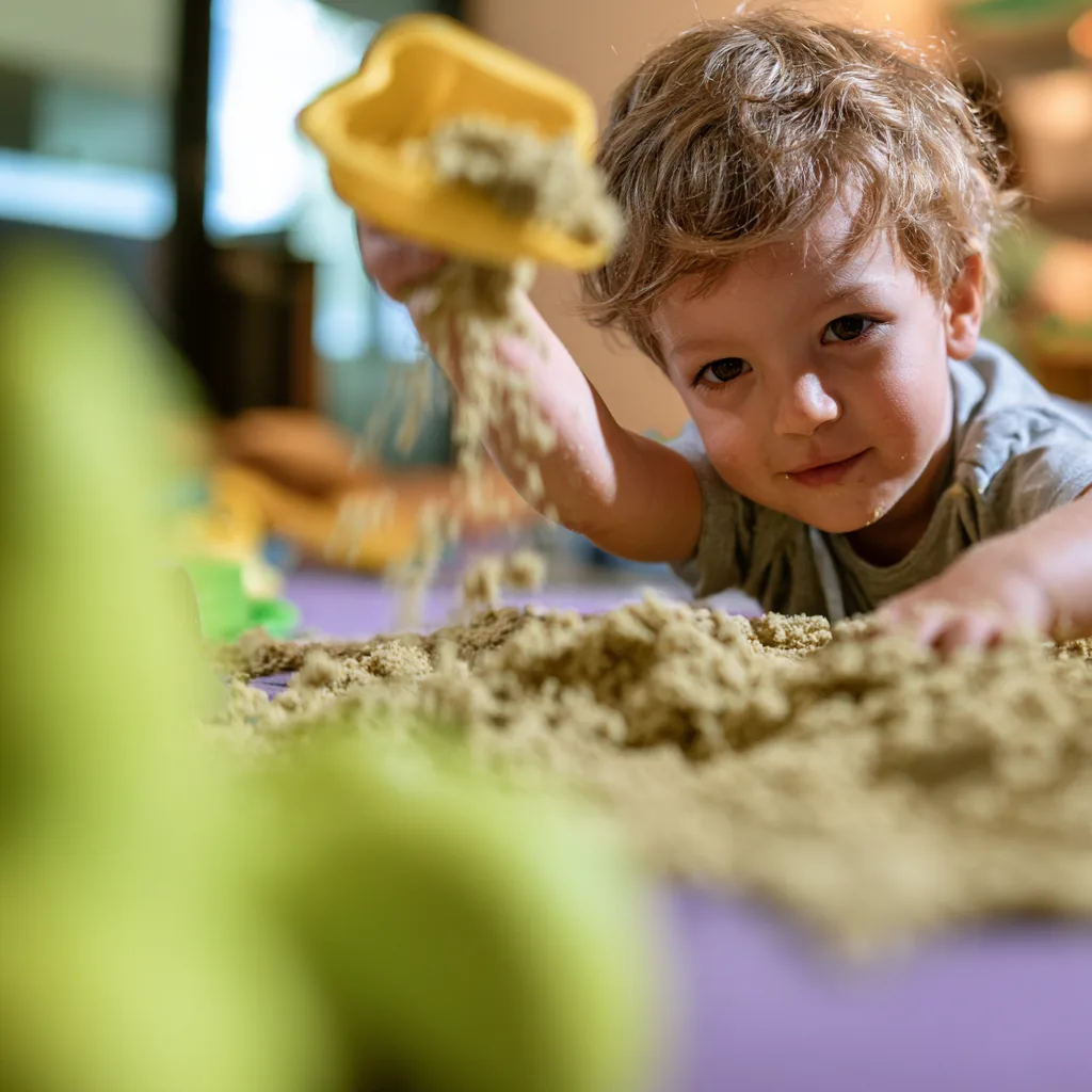 A child pouring sand from a scoop