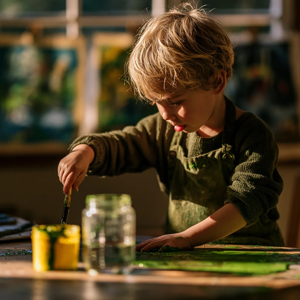 A child painting at a table in warm afternoon light