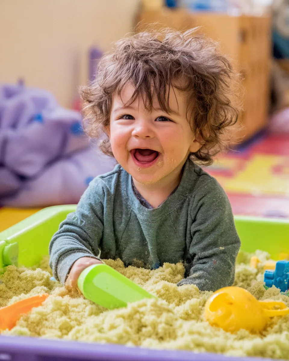 A toddler laughing while playing in a sensory bin