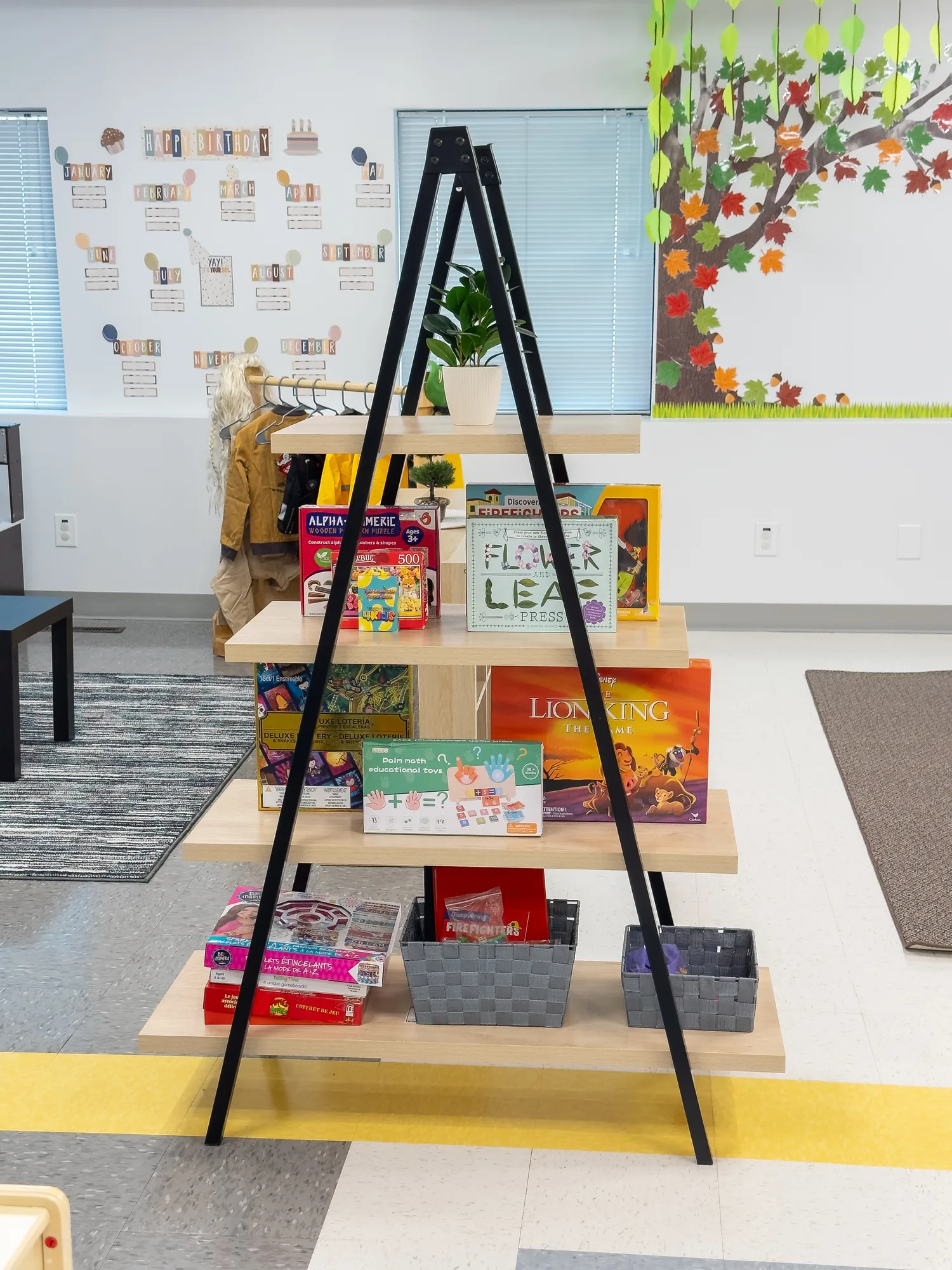 An A-frame shelf of puzzles and board games