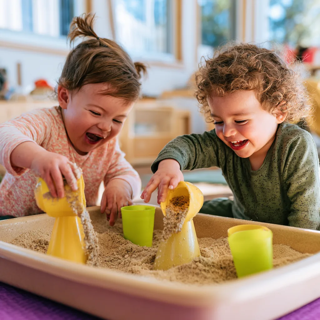 Two toddlers side by side at a sensory table, delighted