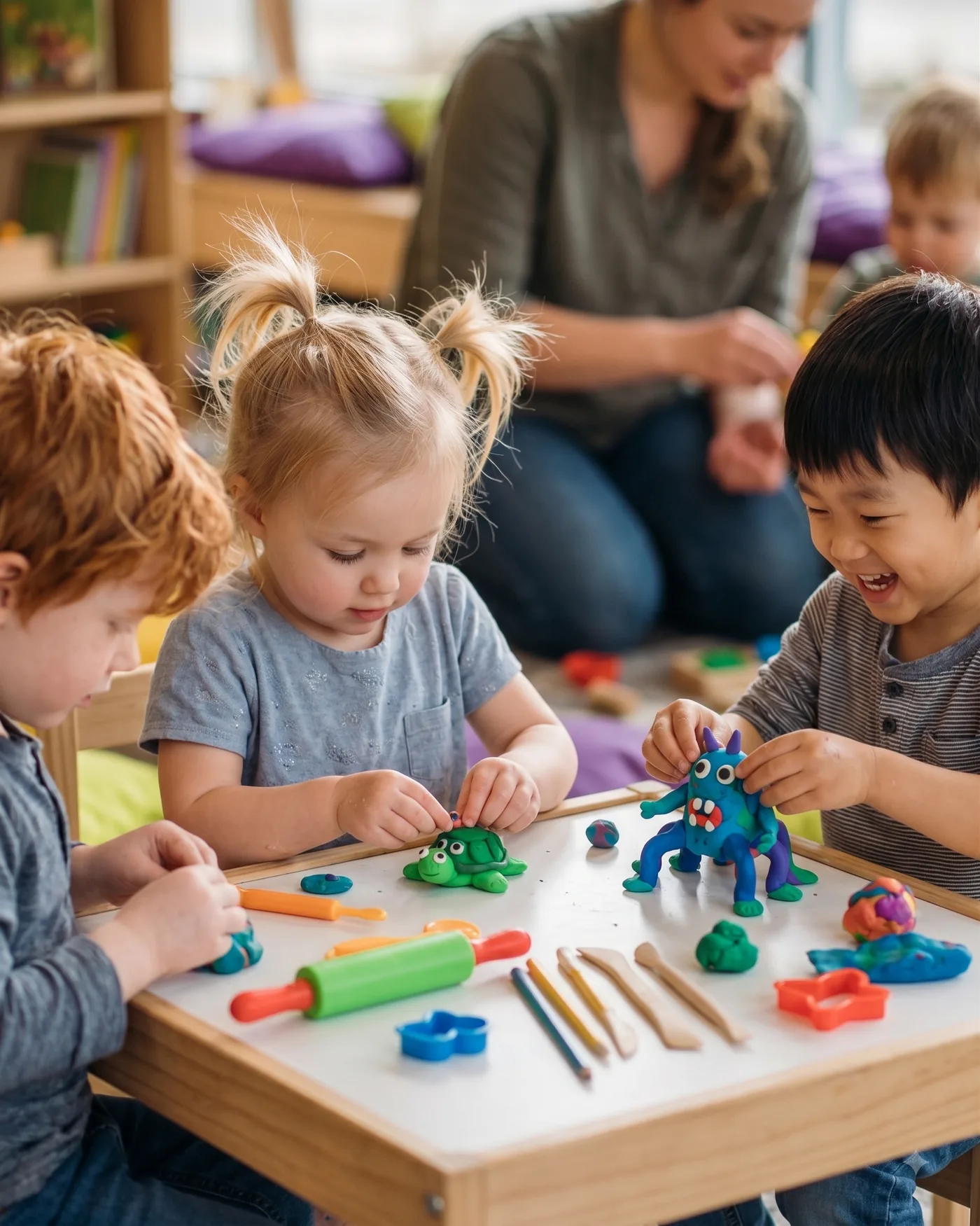 Children shaping playdough at a low table with an educator