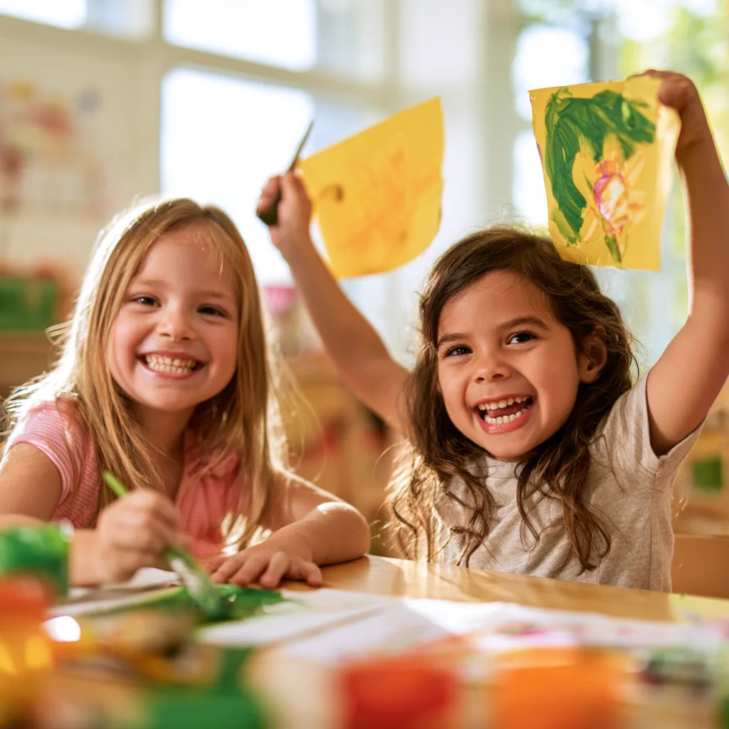 Two school-age children holding up paintings they have finished
