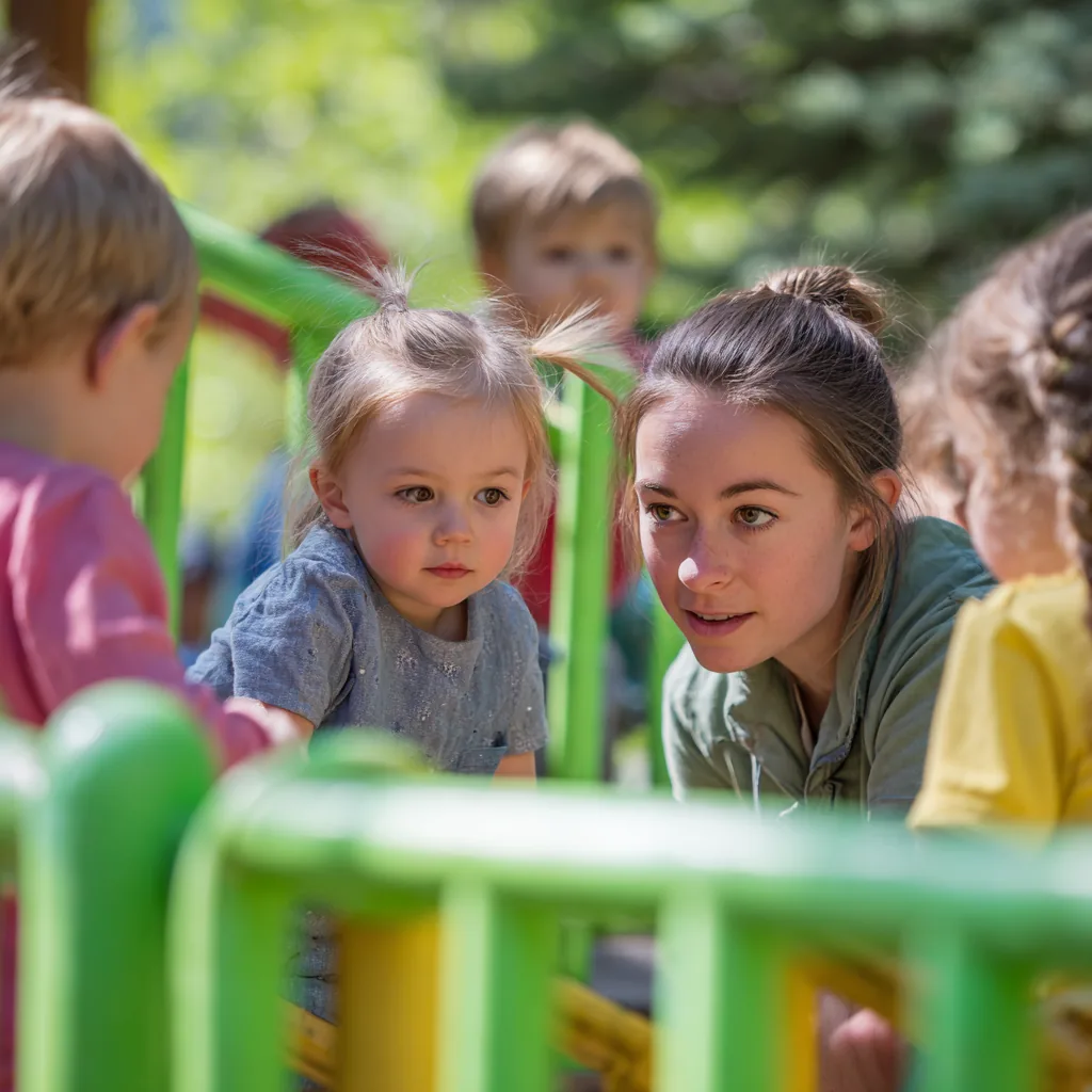 Children exploring an outdoor climbing frame with an educator