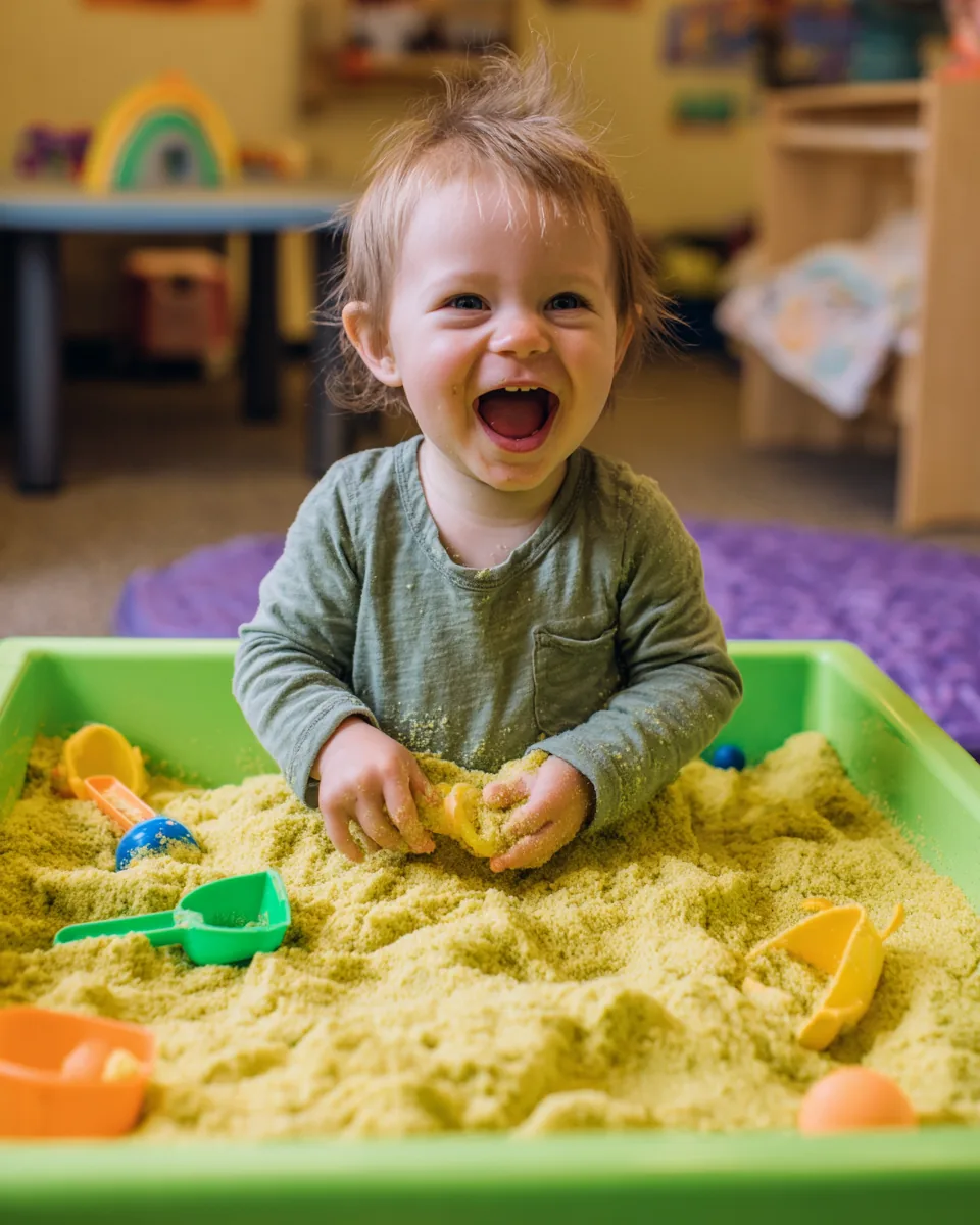 A laughing toddler playing in a tray of kinetic sand