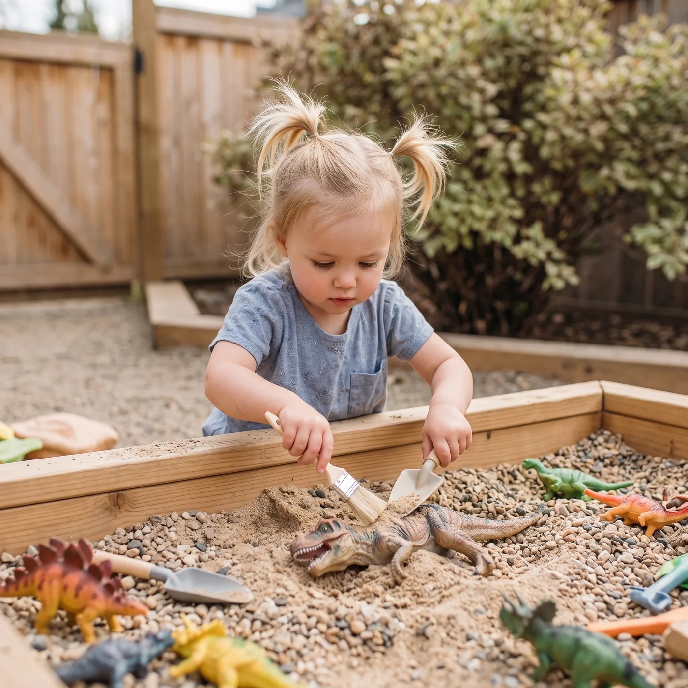 A toddler digging in an outdoor sandbox