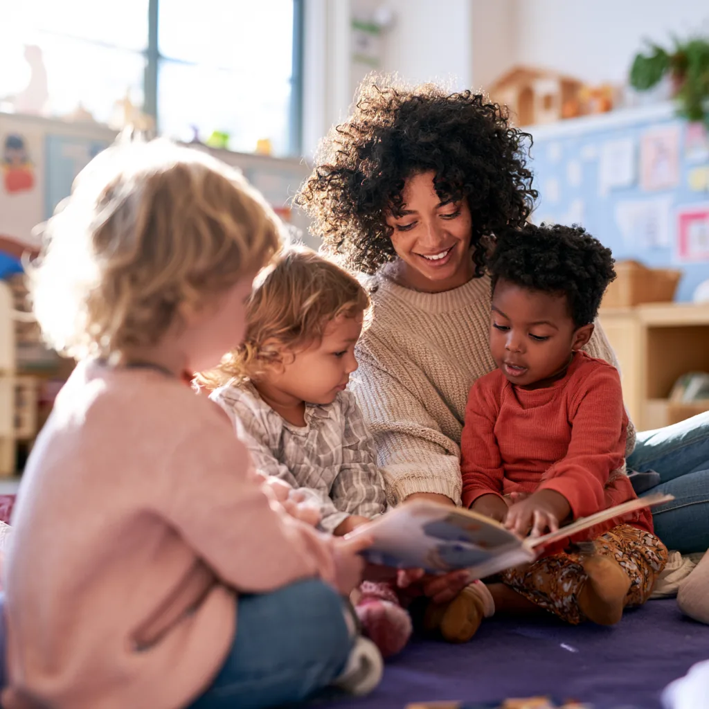 An educator sharing a picture book with three young children
