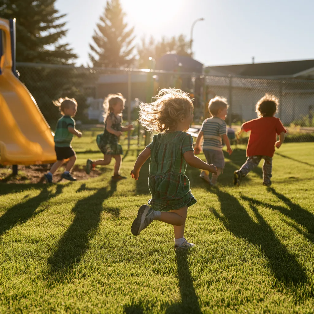 Children running outside near a playground slide