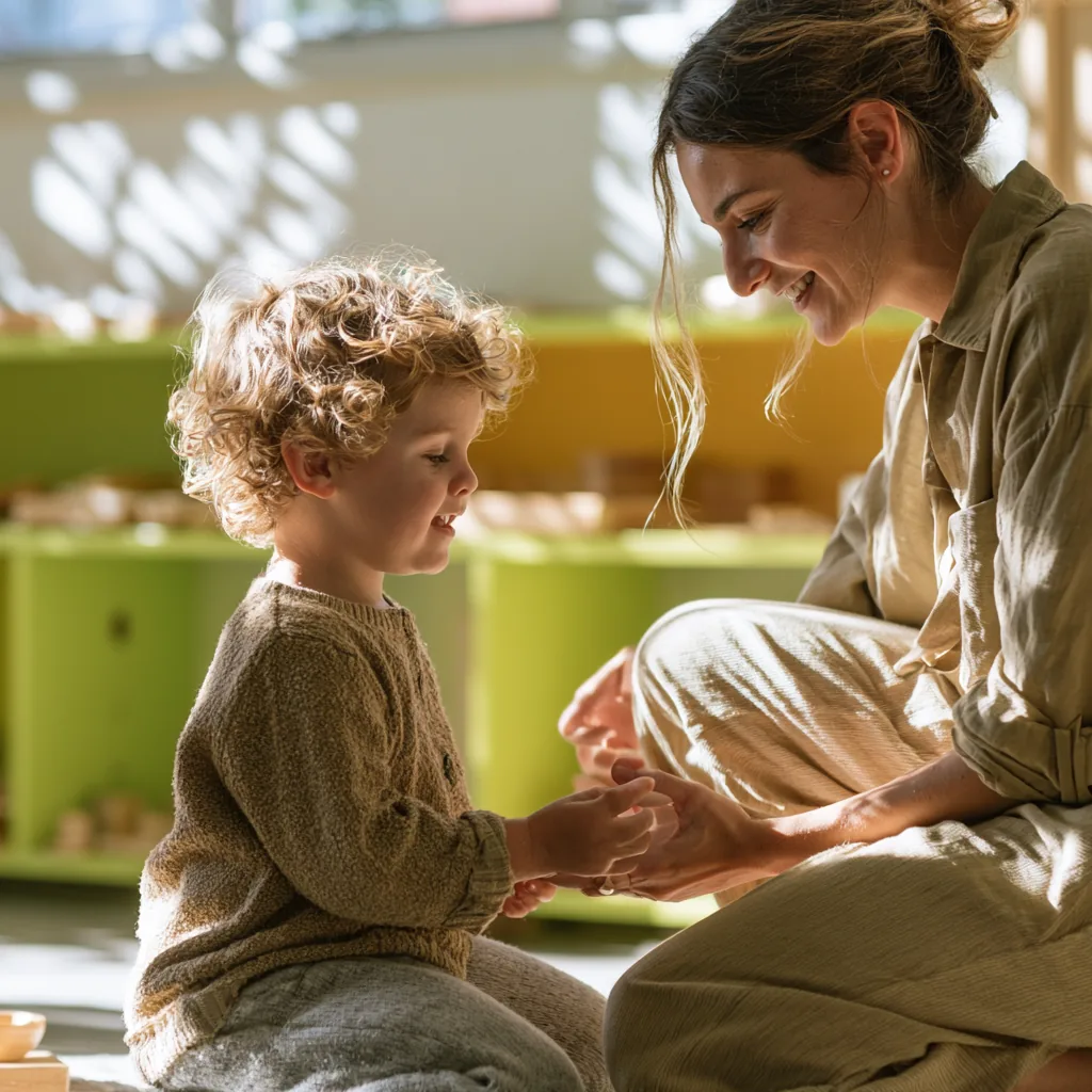 An educator kneeling at a child's eye level to talk with them