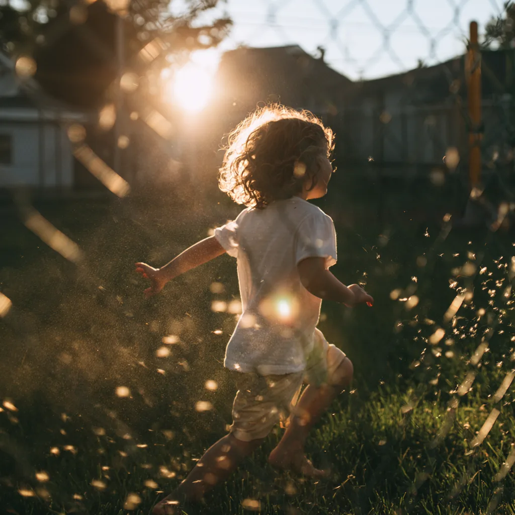 A child running through golden late-afternoon light
