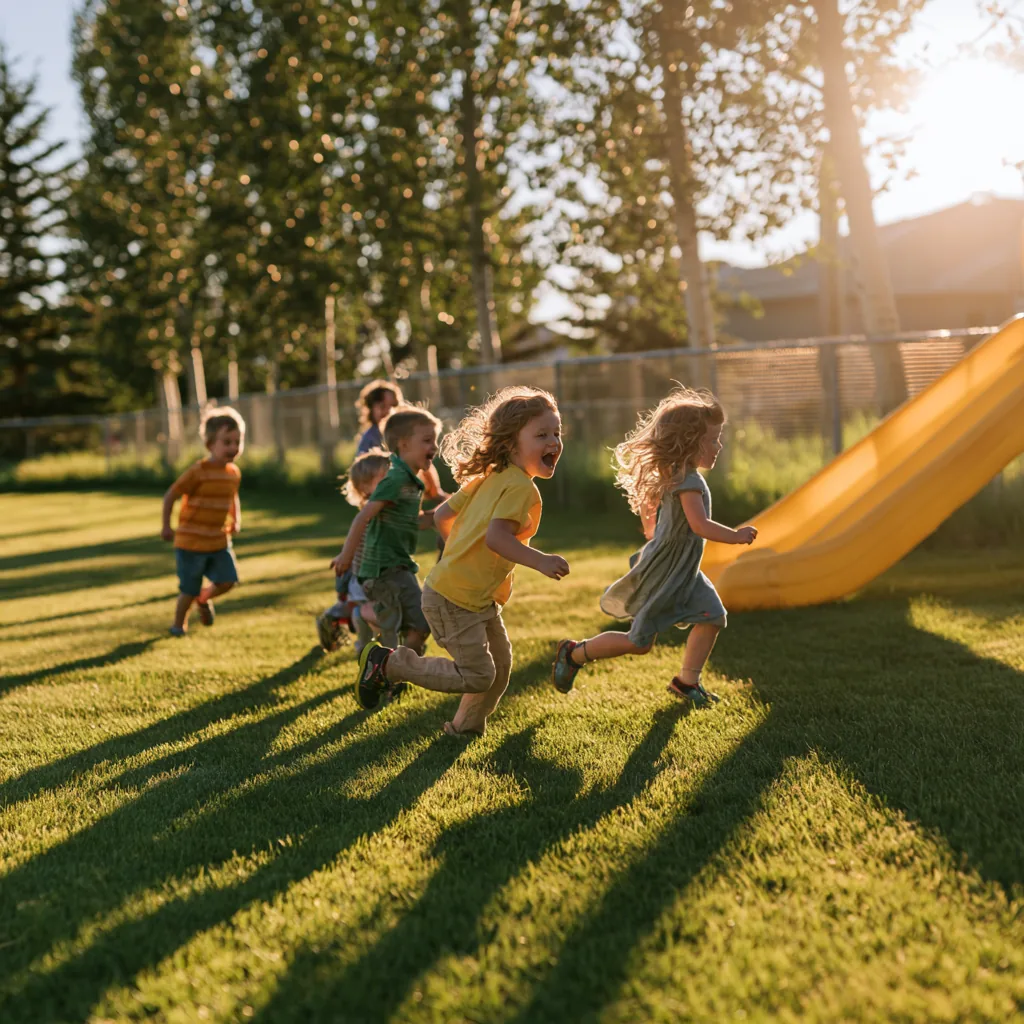 Children running across a sunlit lawn
