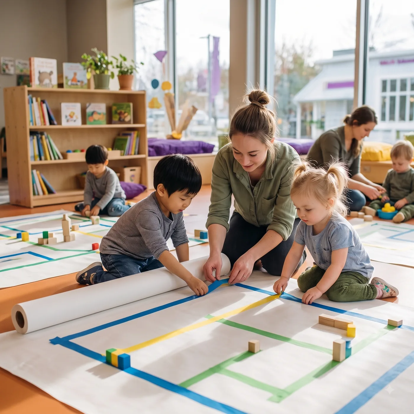 An educator and children playing on the floor of a bright, window-lined room