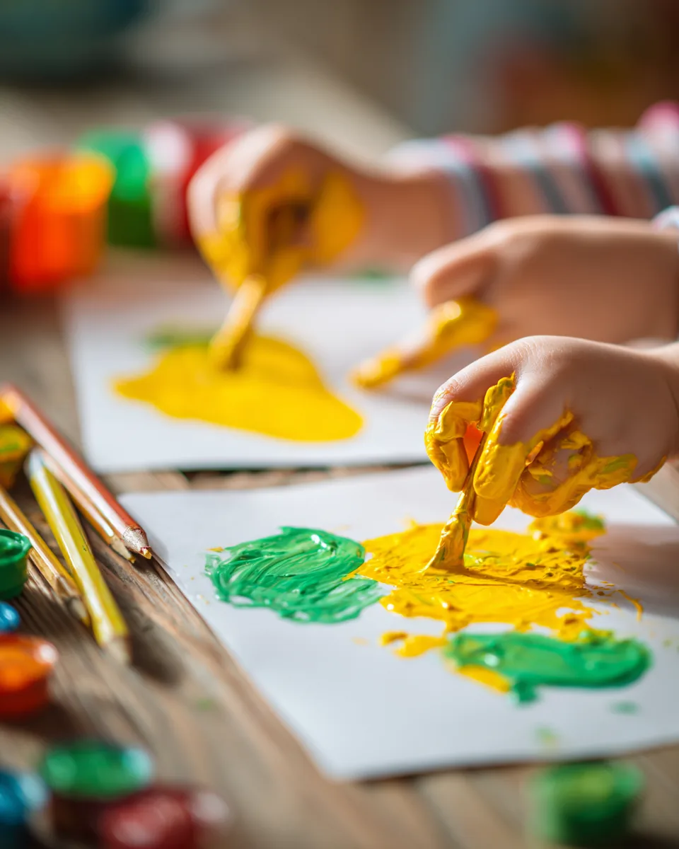 Small hands painting in bright yellow and green